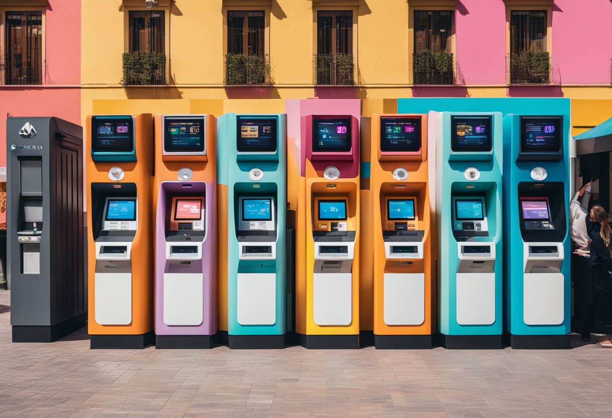 Una fila de cajeros automáticos de criptomonedas en una ciudad española moderna, con personas usándolos y un fondo colorido y vibrante.